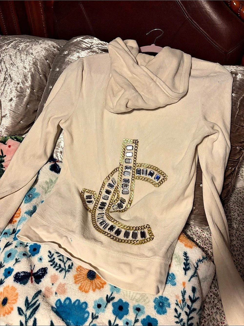 Juicy Couture Velour Full Zip Hoodie Embellished Zip Hoodie in Cream Size Large